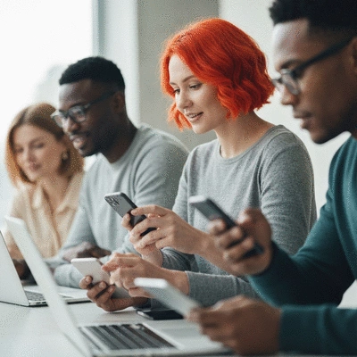 Diverse group of people interacting with social media on various devices, showing engagement and connection