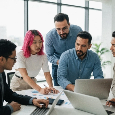 Diverse team collaborating on digital marketing strategy, showing innovation and teamwork