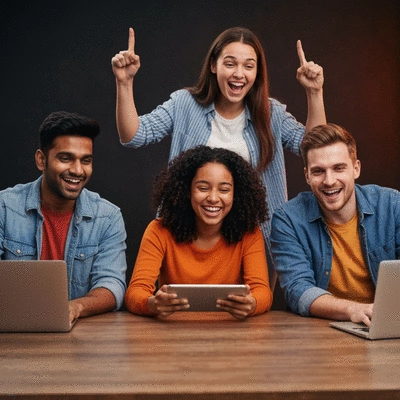 Diverse group of young adults from different cultures playing a multiplayer video game together on various devices, showing collaboration and joy, no text, no words, no typography, 8K