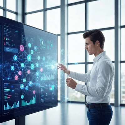 Person analyzing social media data on a large screen with AI elements