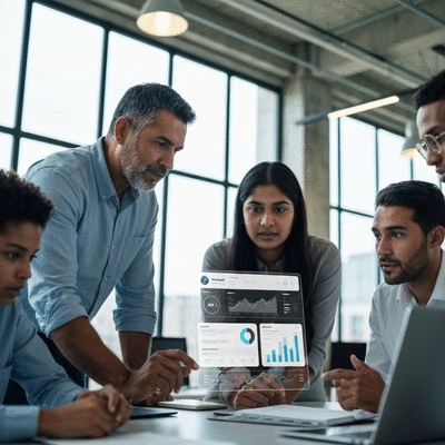 Professionals collaborating on a digital dashboard displaying AI social media analytics