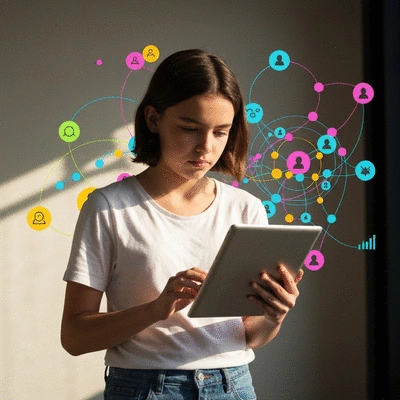 Young person thoughtfully looking at a tablet, surrounded by abstract representations of data, connections, and feedback loops, symbolizing identity stability and change over time. Clean, modern aesthetic, no text, no words, no typography, 8K.