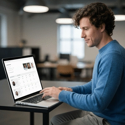 Person interacting with a clean, modern content calendar interface on a laptop