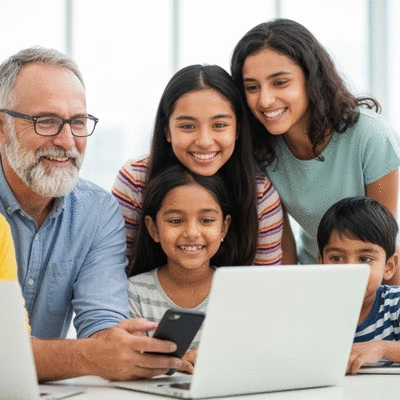 Diverse group of people connecting online, smiling and interacting positively, representing community well-being