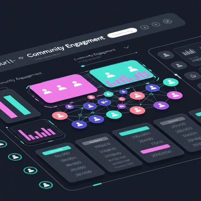 Futuristic digital interface displaying community engagement metrics and user connections, abstract, no text, no words, no typography, clean image
