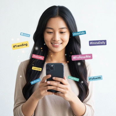 Person using a smartphone with various social media hashtags floating around, illustrating increased discoverability