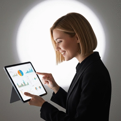 Influencer analyzing data on a tablet, with charts and graphs, clean modern aesthetic, no text, no words, no typography