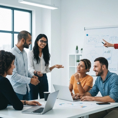 A diverse group of people collaborating on a project, symbolizing networking and shared resources in cross-promotion, bright and modern office setting, no text, no words, no typography, clean image, 8K