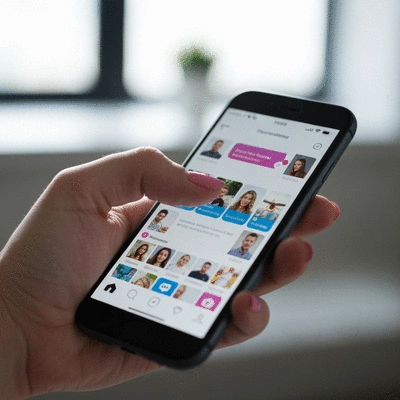 Close-up of a hand holding a smartphone, scrolling through a social media feed with various hashtags, indicating engagement and connection