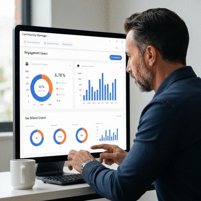 Community manager analyzing engagement metrics on a dashboard, no text, no words, no typography, clean image