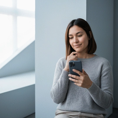Person thoughtfully looking at smartphone, balanced and calm, symbolizing digital well-being