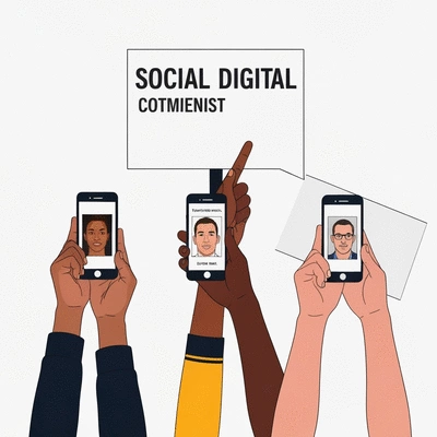 Stylized meme graphic representing social commentary, with diverse hands holding up signs or phones displaying meme-like content, symbolizing digital activism, no text, no words, no typography, clean image