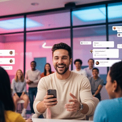 Influencer engaging with a diverse audience through a live stream on a smartphone, vibrant and modern setting