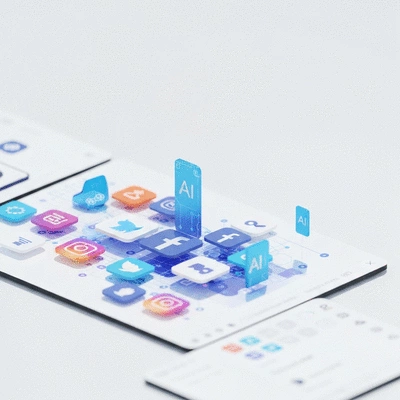 Modern digital interface with various social media icons and AI elements, representing digital culture and brand interaction