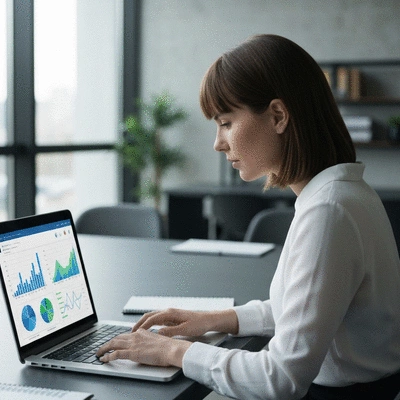 Person analyzing data on a laptop, showing graphs and charts