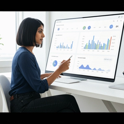 Person analyzing social media growth metrics on a dashboard, clean, modern, no text, no words, no typography, 8K