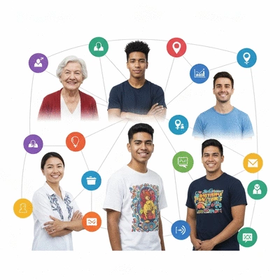 Diverse group of people connected by lines and icons representing different segmentation types like age, gender, interests, and location, clean image