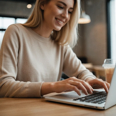 Influencer creating authentic content on a laptop, close up of hands, modern cafe setting