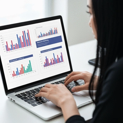 Close-up on a person's hands typing on a laptop keyboard, with graphs and data analytics visible on the screen, representing continuous learning and adaptation in influencer marketing, no text, no words, no typography, clean image