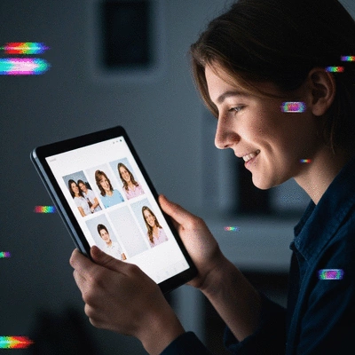 Person looking at old photographs on a tablet, smiling, with digital elements overlaying the scene, representing digital nostalgia, no text, no words, no typography, clean image