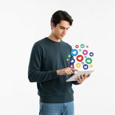 Person interacting with a tablet, with positive feedback icons like hearts and thumbs up floating around, illustrating a feedback loop