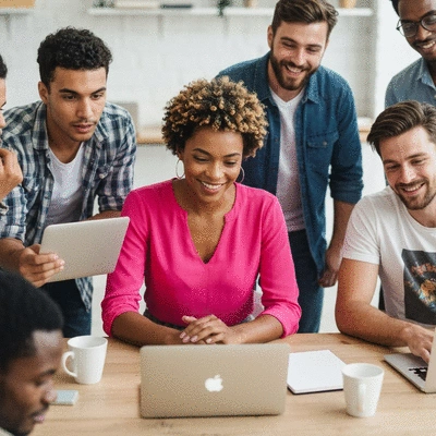 Group of diverse young people collaborating on social media content, authentic and engaging, no text, no words, no typography