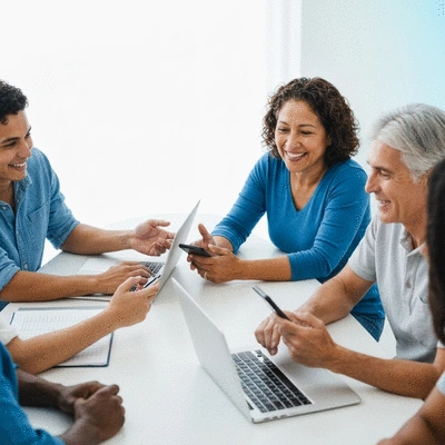 People interacting positively in a digital community forum on laptops and smartphones, showing trust and connection