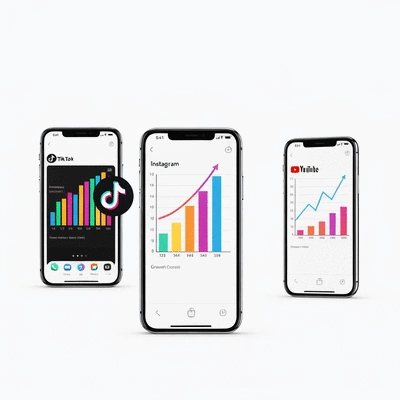 Three distinct mobile phones each displaying a different social media app (TikTok, Instagram, YouTube) with growth charts, symbolizing platform choice, clean, modern, no text, no words, no typography, 8K