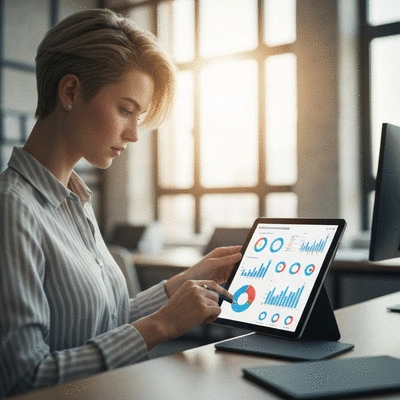Person analyzing marketing data on a tablet with charts and graphs, clean office environment