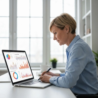 Social media manager analyzing audience growth data on a laptop