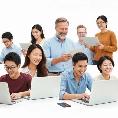 Diverse group of people engaging in online community on various devices, showing collaboration and connection, no text, no words, no typography, clean image