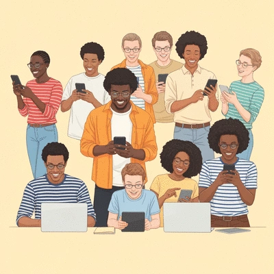 Diverse group of people interacting with social media on various devices, showcasing user-generated content, bright and engaging, no text, no words, no typography, no labels, clean image