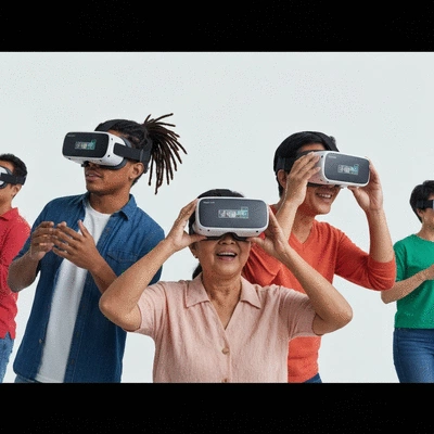 People of diverse backgrounds engaging with AR/VR headsets, experiencing interactive nostalgic content, representing global perspectives, no text, no words, no typography, clean image