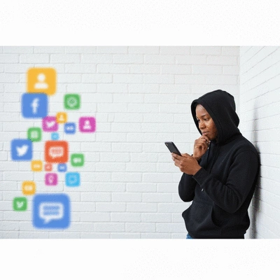 Person looking thoughtfully at a phone screen, surrounded by blurred social media icons, conveying a sense of contemplation about online interactions. No text, no words, no typography, no labels, clean image
