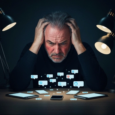Person feeling overwhelmed by multiple glowing social media notifications and icons, looking stressed in a dimly lit setting. No text, no words, no typography, no labels, clean image