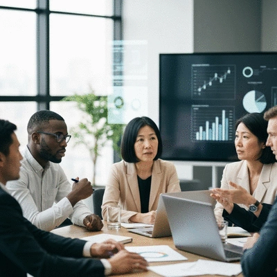 Group of diverse people collaborating around a table with data visualizations