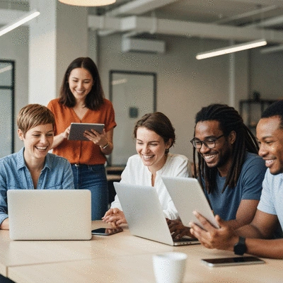 Diverse group of people collaborating happily on laptops and tablets in a modern, brightly lit co-working space, no text, no words, no typography, clean image