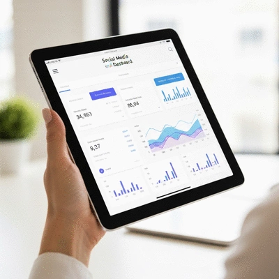 Hand holding a tablet displaying social media analytics dashboard