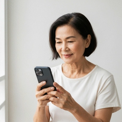 Person mindfully using a smartphone, with a serene expression, representing responsible social media engagement and digital well-being, no text, no words, no typography, 8K, clean image