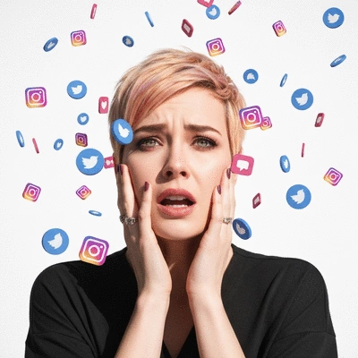 Influencer looking overwhelmed by many social media icons, symbolizing market saturation, bright clean background, no text, no words, no typography, 8K