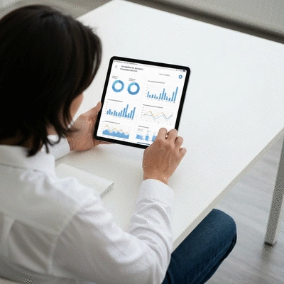 Person using a tablet to analyze audience growth metrics for monetization, with charts and graphs on screen, clean image