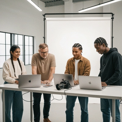 Diverse group of digital creators collaborating on content creation, using laptops, cameras, and microphones in a modern, well-lit studio environment