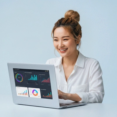 Influencer using AI tools on a laptop, showing data analysis and content optimization on screen, clean image, no text