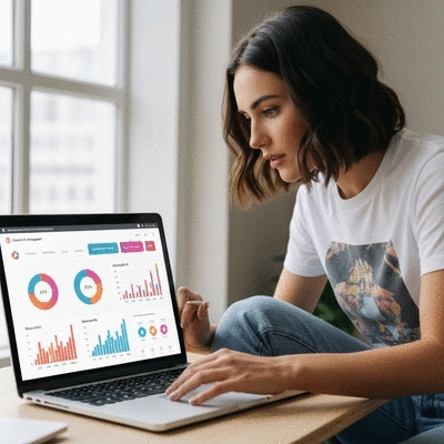 Influencer analyzing data on a laptop, with multiple charts and graphs on screen, representing growth and engagement metrics, no text, no words, no typography, 8K, clean image