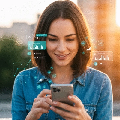 Person using social media on a smartphone, with digital overlays representing attention and engagement metrics