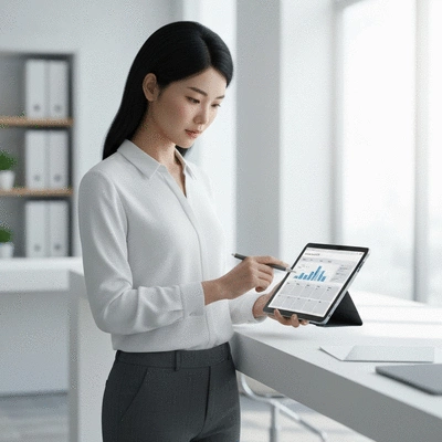 Person organizing a content calendar on a tablet, modern office setting, bright and clean
