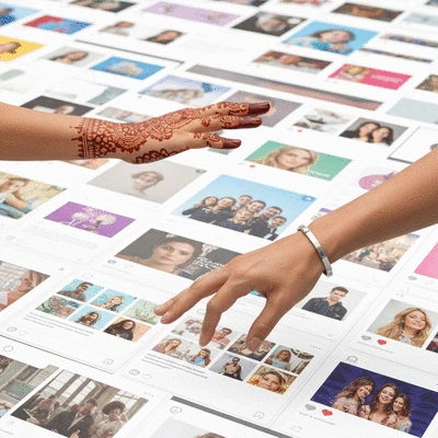 Two hands reaching across a social media feed, symbolizing cross-promotion and collaboration between brands to leverage audiences, no text, no words, no typography, clean image, 8K