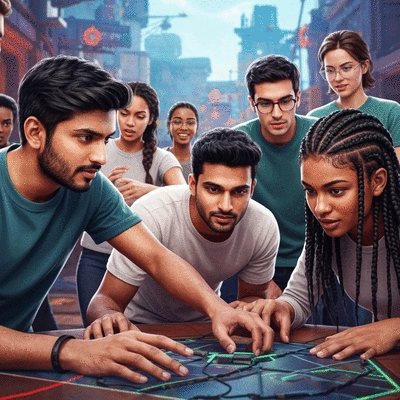 Diverse group of gamers collaborating on a complex in-game task, showing teamwork and communication, vibrant colors, no text, no words, no typography, 8K