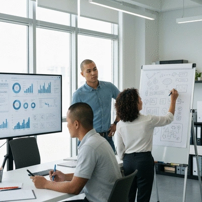 Diverse group of marketers collaborating, with one person presenting data on a screen and another sketching ideas, emphasizing human creativity and AI synergy, clean image, no text