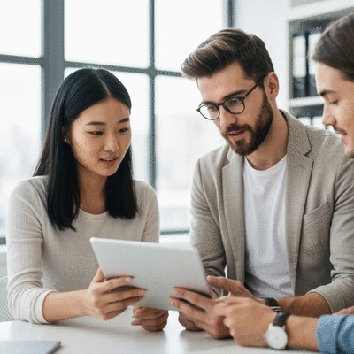 Diverse group of people collaborating on social media content, showing collaboration and diverse content types